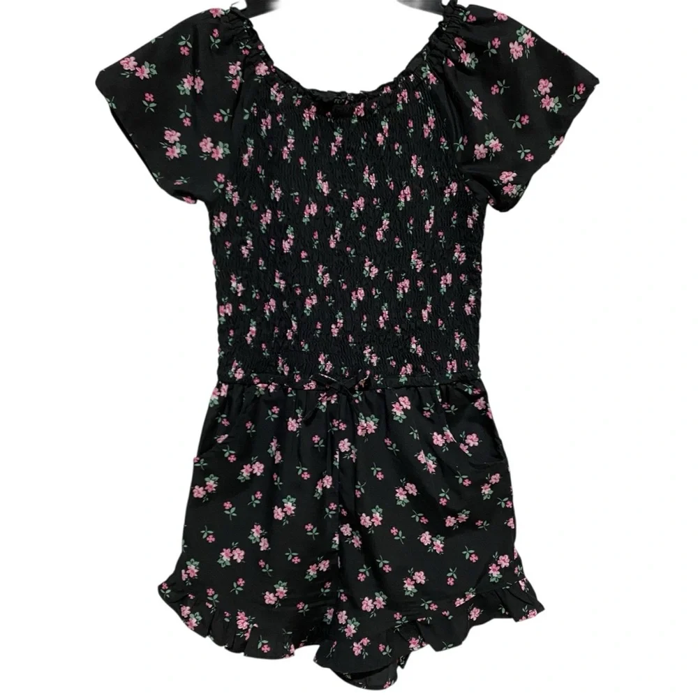 Star Ride Romper Charming Floral Kids Romper Black Pink Smocked Pockets - Picture 1 of 14